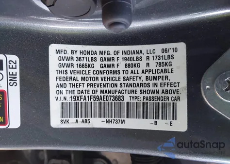 2010 Honda Civic Lx z USA, uszkodzony, nr VIN 19XFA1F59AE073683